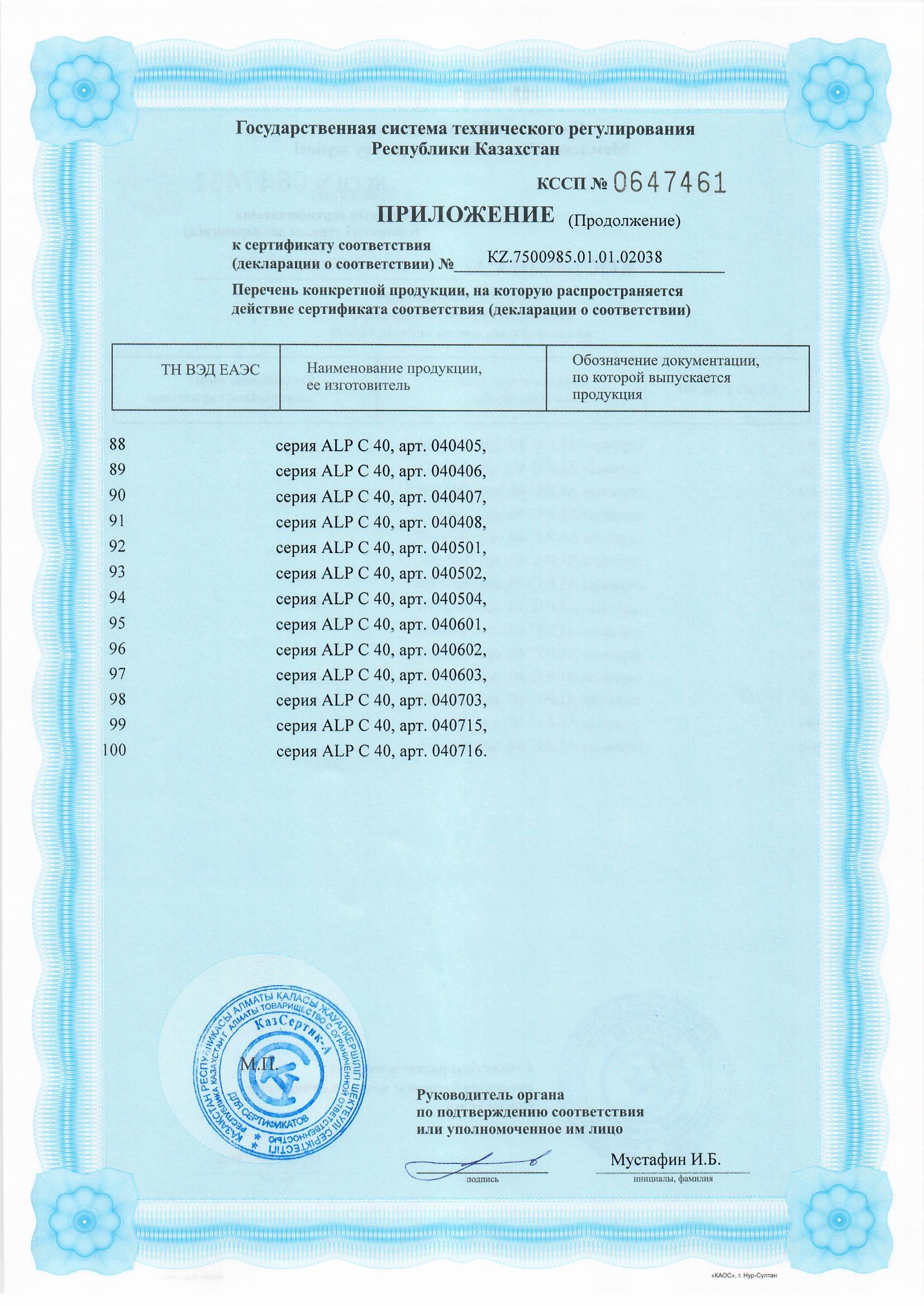 Certificate for ALP C 40 and 48 series