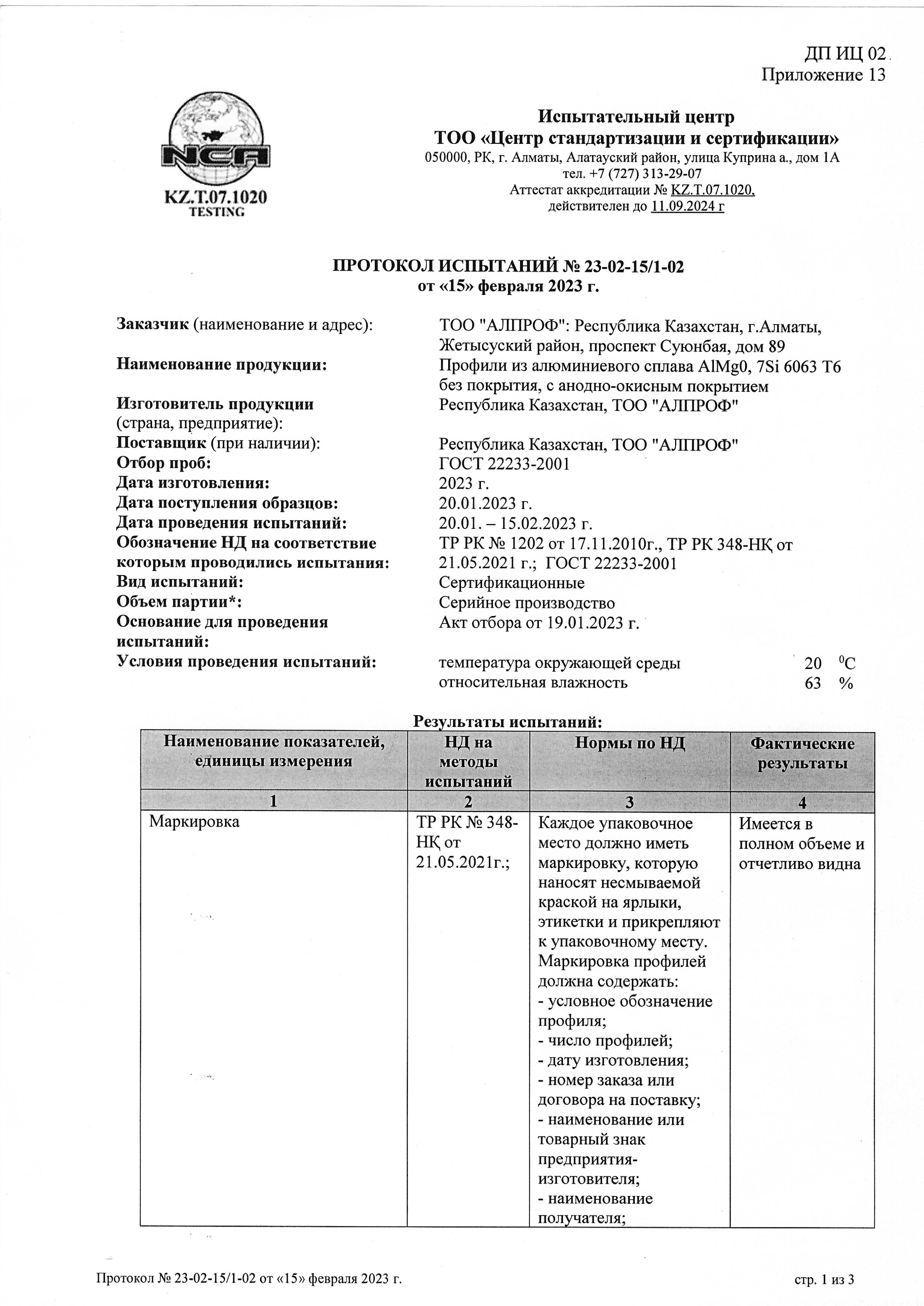 Test protocol for alloy AlMg0.7Si 6063 T6