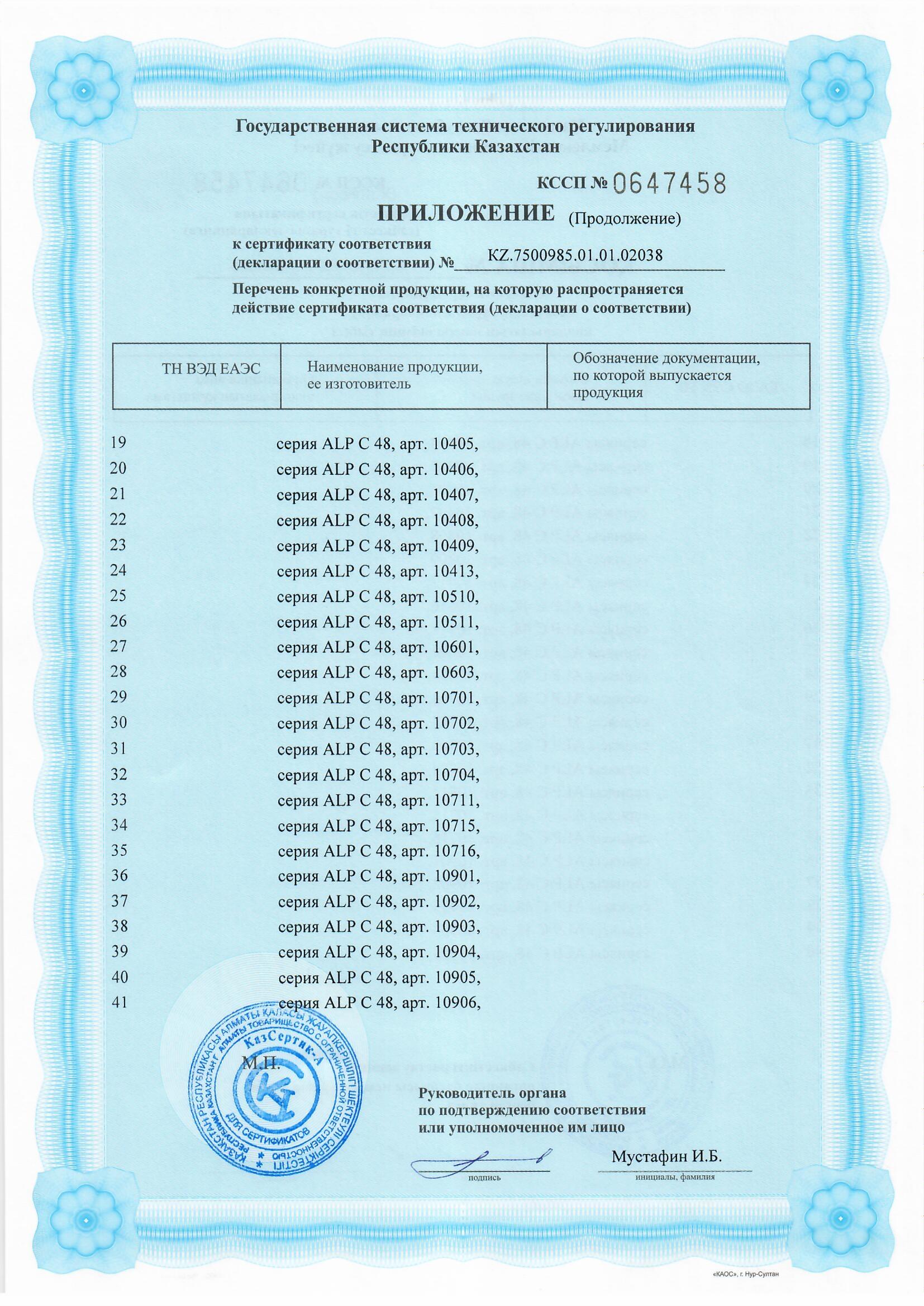 Certificate for ALP C 40 and 48 series